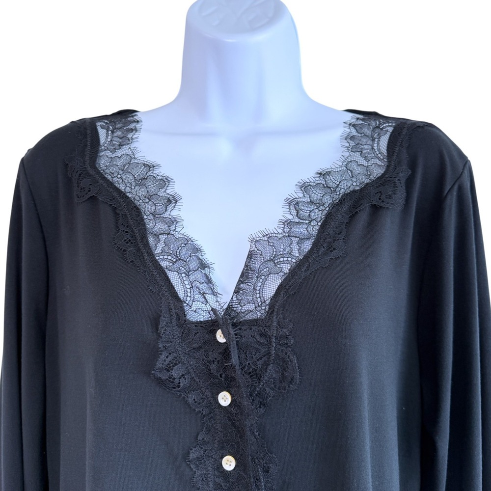 J Crew Lace Trim Cardigan Top Sz XL Black Lettuce Hem Lightweight Romantic - Picture 3 of 8